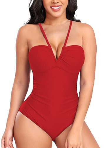 NLAND Bañadores Mujer Cuello en V Trajes de Baño una Pieza para Mujer Correas Espaguetis Push Up Cintura Alta Vientre Plano Sexy Bañador Natacion Monokini,Rojo S