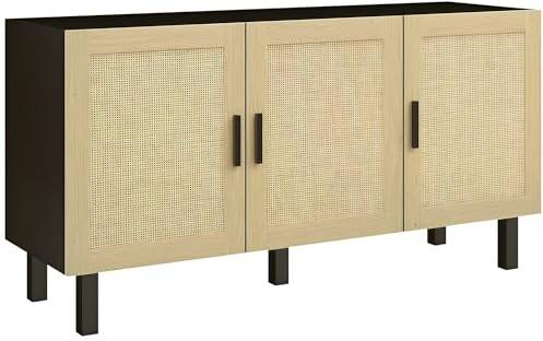 HOMCOM Meuble de Rangement Buffet Rotin 136x41x70 cm Noir Bois Naturel