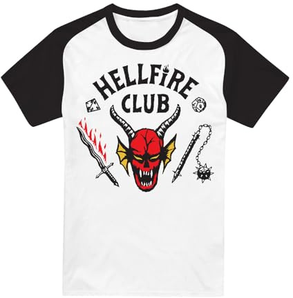 Stranger Things Unisex Stranger Things Hellfire Club Raglan Short Sleeve Baseball T Shirt, White Black T-Shirt (1er Pack)