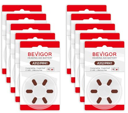 BEVIGOR Hearing Aid Batteries 312, Mercury Free, Easy to Open and Carry, Long Lasting Batteries (60 Count)