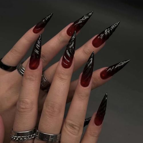Halloween Nägel, 24 Stück Halloween Press on Nails Lang, Gothic Nägel zum Aufkleben, Künstliche Nägel Full Cover mit Nagelkleber, Fake Nails für Frauen Mädchen, 3D-Farbverlaufs Artificial Fingernails