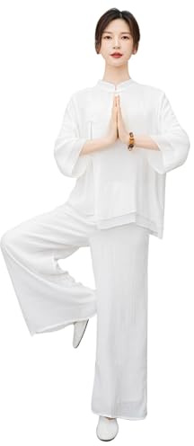 CHUIKUAJ Tenue de Tai Chi Femme - Vêtements de Méditation en Coton et Lin D'entraînement Tenue de Kung Fu (FR/ES, Alpha/lettres, M, Taille normale, Taille normale, White)