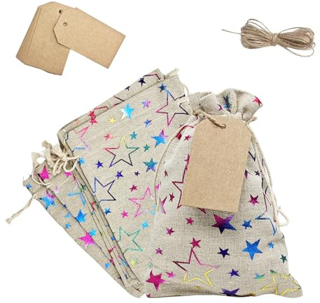 25 Stück Stoffsäckchen mit Kordelzug13x18cm Baumwollbeutel mit Tags Verpackungsband Baumwollsäckchen Befüllen für DIY Geschenkbeutel Stoff Adventskalender Säckchen für Ostertüten zum Befüllen