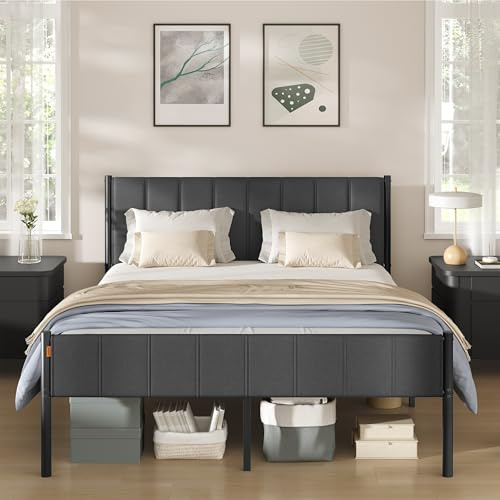 VASAGLE King Bed Frame, 150 x 190 cm, with Upholstered Headboard, Metal Bed Frame, 500 kg Weight Capacity, Easy Assembly, Slate Grey RMB977GN01