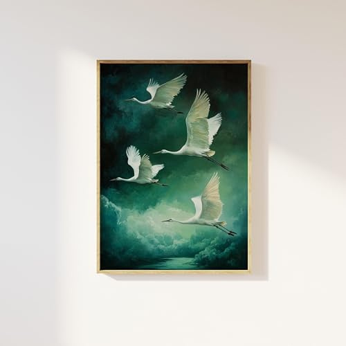 CAOXTART Japanisches Ölgemälde „Kraniche im Flug“ auf Leinwand, Kunstdruck | Skandinavisches grünes Poster, für Wohnzimmer, Wanddekoration zu Hause (50 x 70 cm/rahmenlos)