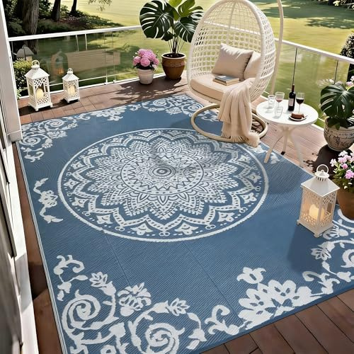 Homcomodar Tappeto per esterni, resistente alle intemperie, 180 x 270 cm, lavabile, in plastica, resistente ai raggi UV, per giardino, patio, balcone, terrazza, barbecue, piscina, cortile (blu e