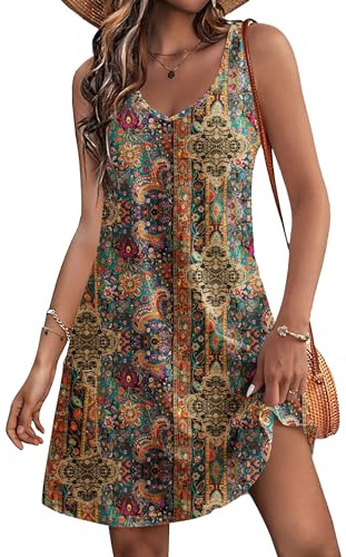 HOTOUCH Abito estivo da donna, casual, con tasche, senza maniche, scollo a V, mini abito da spiaggia con spalline sottili, Motivo etnico., XXL