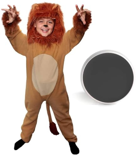 Childs Lion Costume - 2-Piece Safari Animal Fancy Dress - Plush Lion Top with Attached Tail, Separate Maned Hood and Black Face Paint - Kids Storybook Character Outfit for World Book Day & Halloween