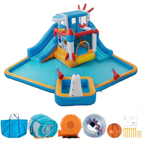 UEV Inflatable Water Slide Bounce House with Blower, 6 in 1 Kids Water Park with Dual Slides, Splash Pool, Climbing Wall & Sprinkler, Outdoor Backyard Inflatable Castle 452x437x213 cm
