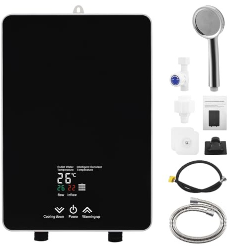 Durchlauferhitzer, 5500W 220V Elektrische tankloser Warmwasserbereiter mit LED, Elektronisch Geregelter Warmwasserbereiter Durchlauferhitzer für Dusche, Badezimmer, Küche [Energieklasse A] (Schwarz)