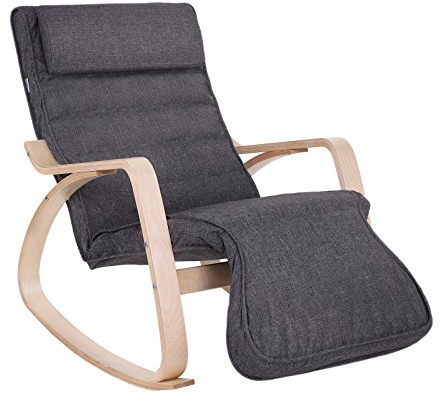 SONGMICS Schaukelstuhl, Relaxstuhl, 5-Fach verstellbare Fußstütze, bis 150 kg belastbar, Gestell aus Birkenholz, Abnehmbarer Bezug des Kopfkissens, 125 x 67 x 91 cm, dunkelgrau LYY42GYZ