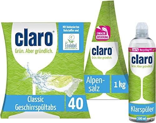 claro Classic Tabs 40Stk. im Paket mit Klarspüler 500ml u. Alpensalz in der 1kg Pyramide