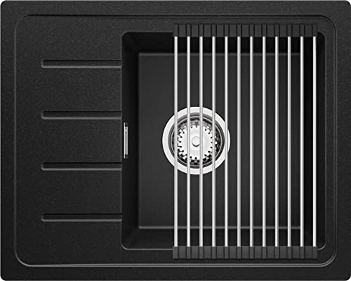 PRIMAGRAN Evier Cuisine en Granit Noir 55x44cm, Lavabo 1 bac + Kit de Vidage, Évier à Encastrer al mueble 45cm - Copenhague Easy