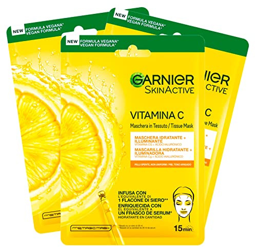 Garnier SkinActive Masque Jetable en Feuille Hydratante et Éclairante à la Vitamine C et à l'Acide Hyaluronique - 3 Masques Jetables