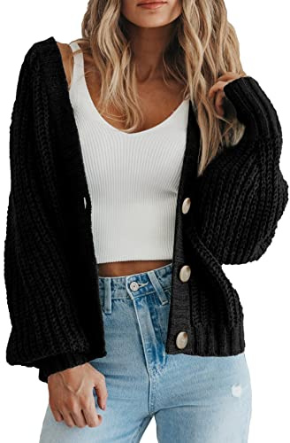 PRETTYGARDEN Women's Chunky Knit Open Front Sweater Long Sleeve Button Loose Short Cardigan Outerwear Coats (Black,Large)