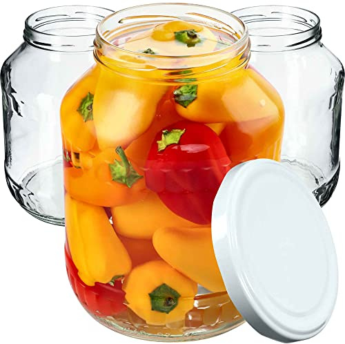 KADAX Glass Jars 1.7 L, Large Jars with Wide Mouth for Preserving, Pickling and Fermenting, Storage Jars for Pickles and Sauerkraut (Set of 4, White Lids)