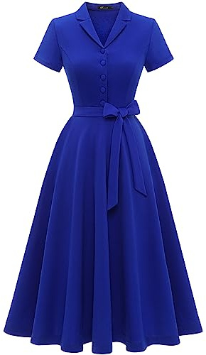 Wedtrend Cocktailklänning i vintagestil för kvinnor, A-linje, midilängd, V-ringad aftonklänning, eleganta fritidsklänningar, Kungsblå, XL