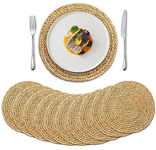 BLUEWEST Woven Placemats, 13 Round Placemats Rattan Placemats (Pack 10) Wicker Water Hyacinth Placemats, Braided Placemats Set, Heat Resistant/Anti-Slip/Durable for Dinner Plate, Dining Table
