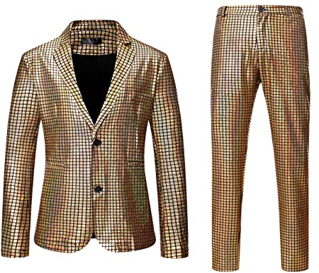 Men's 2 Piece Disco Suit Sets Shiny Blazer Jacket and Pants Metallic Sequin Suits, Mens Night Club Metallic Gold Suit Pants Straight Leg Trousers Plaid Suit Jackets Slim Fit Wedding Formal Dinner Suit