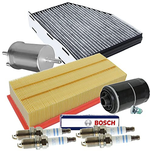 BESTPRICE Inspektionspaket Filterset mit 1x Ölfilter, 1x Luftfilter, 1x Innenraumfilter (Pollenfilter) mit Aktivkohle, 1x Kraftstofffilter, 4x Zündkerze, 1x Ölablassschraube inkl. Dichtung,