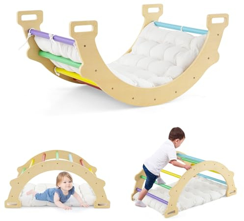 COSTWAY Triángulo de Escalada 2 en 1 con Cojín Suave, Arco de Escalada de Doble Cara, Juguete de Escalada y Balancín de Madera para Niños de 1 + Años para Jardines de Infantes (Multicolor)