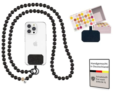 beadstars Verbesserte Holz Handykette Perlen lang zum Umhängen inkl. Patch | handmade in Deutschland - Längen 120cm, 130cm, 140cm - kompatibel mit iPhone, Samsung - Geschenkidee Frauen