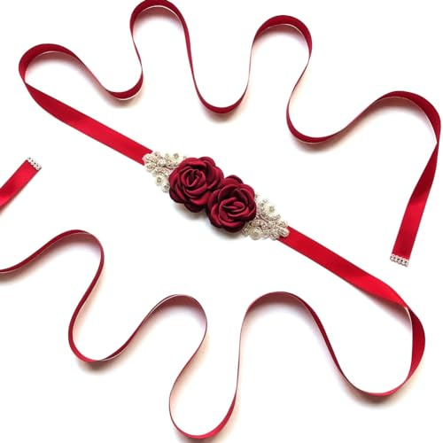 Wisafory Damen Hochzeit Gürtel Blumen Strass Brautgürtel Hochzeitskleid Schärpe Taillengürtel Satin Band Schmuck Waistband Braut Hüftgurt für Hochzeit Braut/Babyparty Kleidung Zubehör Weinrot