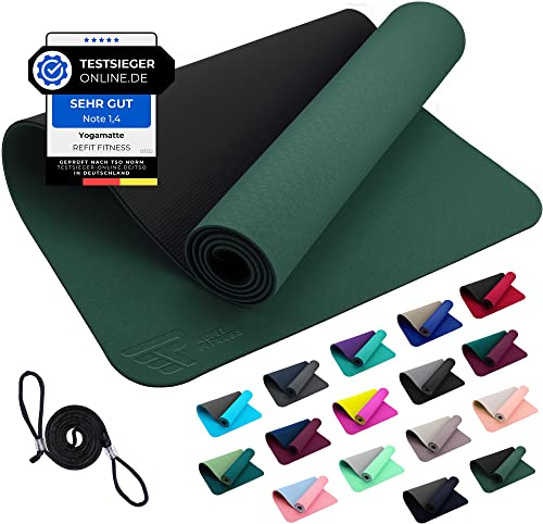 REFIT TPE Sportmatte Fitnessmatte 190 x 60 x 0,6 cm rutschfeste Gym Matte Mat für Yoga Fitness Pilates Gymnastik Sport Yogamatte Gymnastikmatte Turnmatte Bodenmatte Sacramento Grün Schwarz
