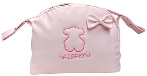 MODIN Bolso Carro Bebe Polipiel Personalizado con Oso Bordado Bolsa Maternidad Bolso Hospital Bebé con asa larga para colgar (ROSA)