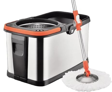 360 spin Mop and Stainless Steel Bucket Set, Mop and Buckets Sets with & 2 Thick Reusable Microfibre Pads, Wet & Dry Flat Floor Mops for Laminate Hardwood Tile Floor Cleaning
