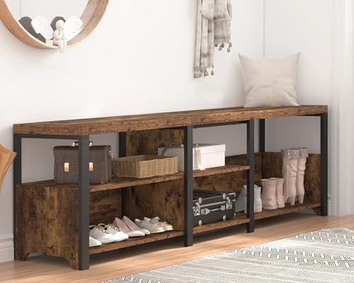 HSH Schuhregal Schuhschrank Schuhbank mit Sitzbank Aufbewahrung für Schuhe L-förmiges Wandelbare Schuhregal aus Holz für Wohnzimmer Schlafzimmer Eingang Flur Rustikales Braun 33 x 145 x51 cm