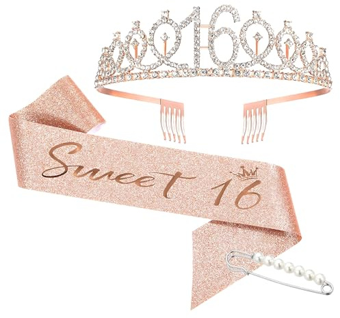 Forhandy Geburtstagskrone Mädchen Geburtstag | Geschenke Rose Gold Geburtstag Krone Schärpe und Strass Tiara, Birthday Deko Geschenk Frauen Mädchen Party Accessoires