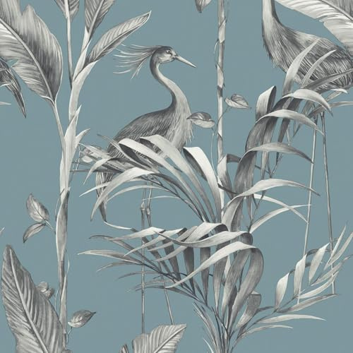 World of Wallpaper Azzurra Leaf, Matte, Blue (9513) | Easy to apply wallcovering, Feature Wall, Birds, Foliage, Monochrome, Bedroom, Living & Dining Rooms (10m x 53cm roll)