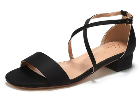 Elivandon J1584 Dam, låg klack, satin, kvällssandaler med öppen tå, 3 cm blockklack, satinpumps, kvällsfest, bröllop, brudklänning, bröllopsskor, Svart, 38.5 EU