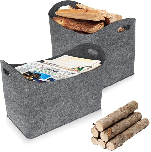 QEENTOE Holzkorb für Kaminholz Kaminholzkorb für Kamin Brennholz Holzkörbe Kaminholz Aufbewahrung Innen Feuerholzkorb Faltbar Filzkorb mit Griff Holzkorb Filz für Holz, Spielzeug - 2 Stück Grau