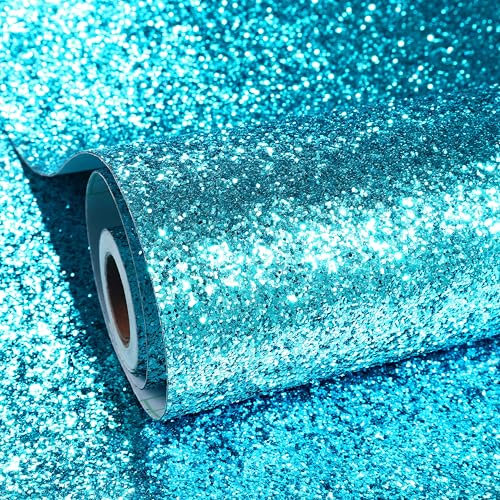 ReWallpaper Tapete Blau mit Glitzer Selbstklebende Folie Glitzer Blau für Basteln Kinder DIY 40CMx3M Pailletten Tapete Türkis Blaue für Puppenhaus Schlafzimmer Flur Glitzereffekt Strukturtapete