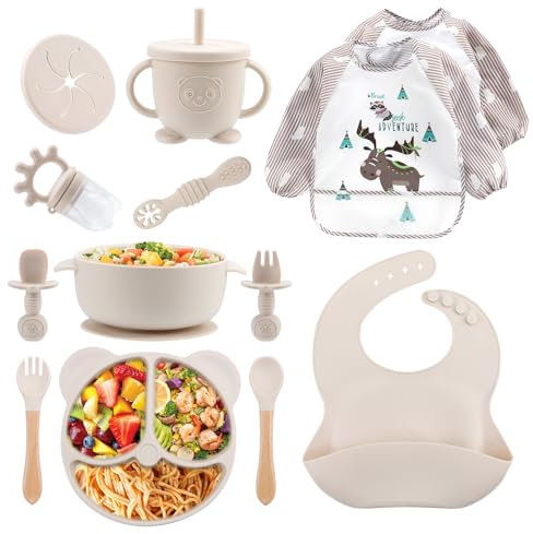 Feelhap Silikon Baby Geschirr Set,13er Set Kindergeschirr mit Saugnapf,Unterteilter Kinderteller mit Saugnapf,Kinder Schüssel Saugnapf,Silikon Baby Lätzchen,Trinklernbecher, Baby Löffel Gabeln(Beige)
