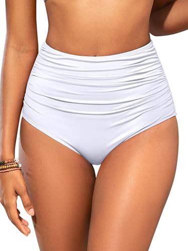 SHEKINI Damen Retro Rüschen High Waisted Bikini Bottom Bauchweg Shapewear Bademode Bottom Tankinis Brief (Weiß, L)