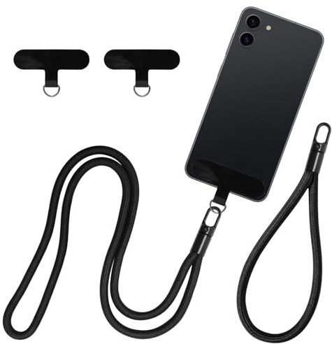 2pcs main dragonne longe téléphone portable tour de cou antivol universel téléphone portable patch multifonctionnel noir compatible avec étui iphone, sangle de poignet pour étui de téléphone clé