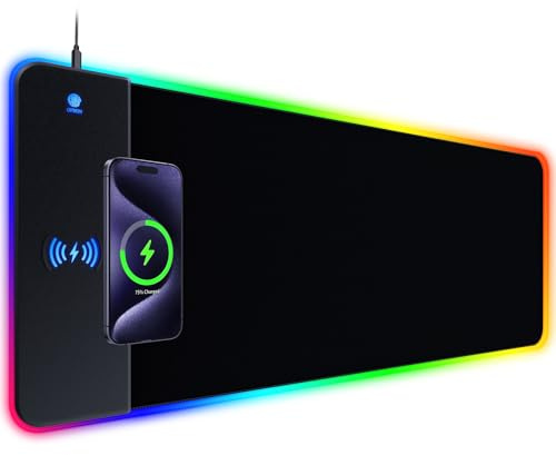 RGB-Gaming-Mauspad mit 15 W kabelloser Aufladung,XXL großes LED-Schreibtischpad mit 14 Lichtmodi,ergonomische Computer-Schreibtischmatte mit rutschfester Gummiunterseite für Laptop,Geschenke für Gamer
