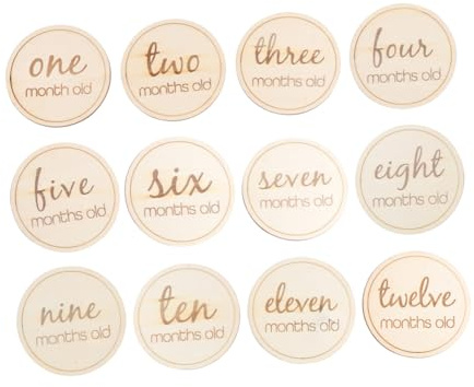 VICASKY 12 Stück Holz Geburtsmonatskarten in Beige Kreative Runde Babykarten als Fotorequisite und Erinnerung für Neugeborene bei Babyshower und Fotografie