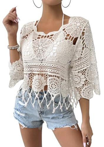 GORGLITTER Skydd för kvinnor, strandtopp, boho, virkad topp, långärmade toppar, rund krage, strandblus, lös bikini, skydd, transparent, blusskjorta, strandmode, Aprikosfärger, S