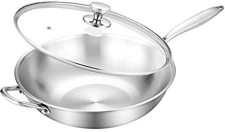 Padella wok in acciaio inossidabile, wok in acciaio al carbonio, padella antiaderente non rivestita, resistente ai graffi, pentola da cucina per fornelli a induzione elettrica e a gas (32 cm)-B