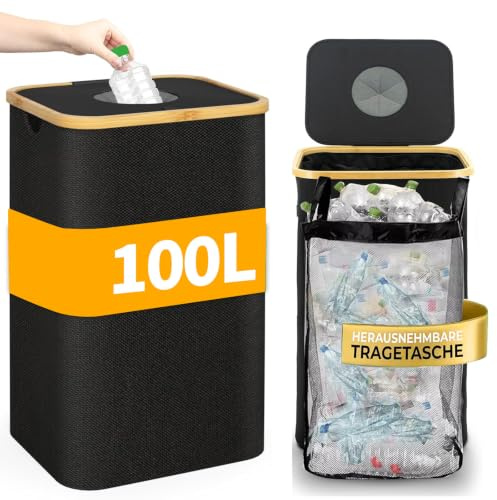 100L Pfandflaschen Sammelbehälter mit Deckel – 1 Fächer Flaschensammler & Wäschesammler XL – inkl. 1 herausnehmbare, wasserdichte Tragetaschen – Faltbares Trennsystem für Küche & Leergut (41x3x75cm)
