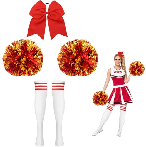 EULAPGOE Cheerleader Pompons Set mit 1 Rotem Haarband, 2 Rot-Goldenen Pompons und 1 Paar Rot-Weißem Kniehochsocken - Perfekt für Sportveranstaltungen, Tänze und Feiern