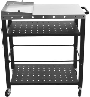 Eieblek Outdoor Grill Dining Cart with Foldable Side Table, Stainless Steel Top, Portable BBQ Trolley with 4 Wheels, Hooks, 4-Shelf Movable Food Prep Pizza Oven Table