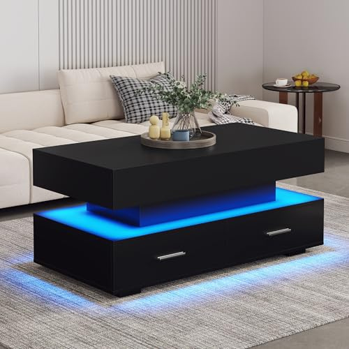 Wiuzo hydraulisch höhenverstellbarer Couchtisch, mit LED-Beleuchtung, Bluetooth-APP-Steuerung, 2 Schubladen und offenem Stauraum,100X50X44CM (Schwarz)