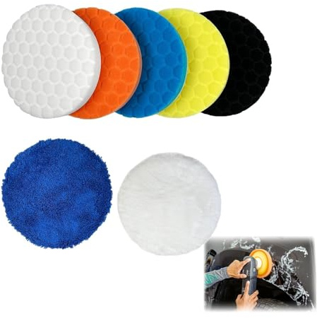 FUYTSUO Buffing Polishing Pads, 7 Pezzi 150 Mm Tampone di Lucidatura, Compound Buffing Sponge and Woolen Pads per Lucidatrice eccentrica, Lucidatrice per Auto, Set Professionale