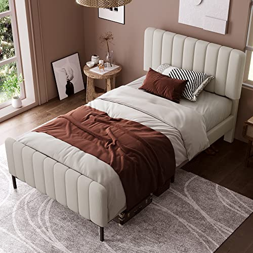 Generisch TOBIDOEN Polsterbett Einzelbett 90 x 200 cm, Bettgestell mit Lattenrost und Verstellbares Kopfteil, Bettrahmen Jugendbett für Schlafzimmer Gästezimmer, Leinen, Grau-Beige (Ohne Matratze)