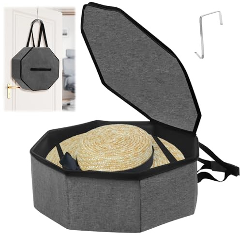 Les-Theresa 17x7In Large Hat Box Boxes Storage with Lids and Shoulder Strap Storage Box Case Foldable Beach Bag Hat Carrier Bag for Travel Closet or Travel (Grey)